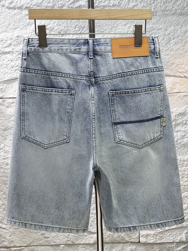 High-End Trendy Brand Men's Ripped Retro Denim Shorts Summer New Loose Straight Stitched Five-Point Medium Pants Fashionable