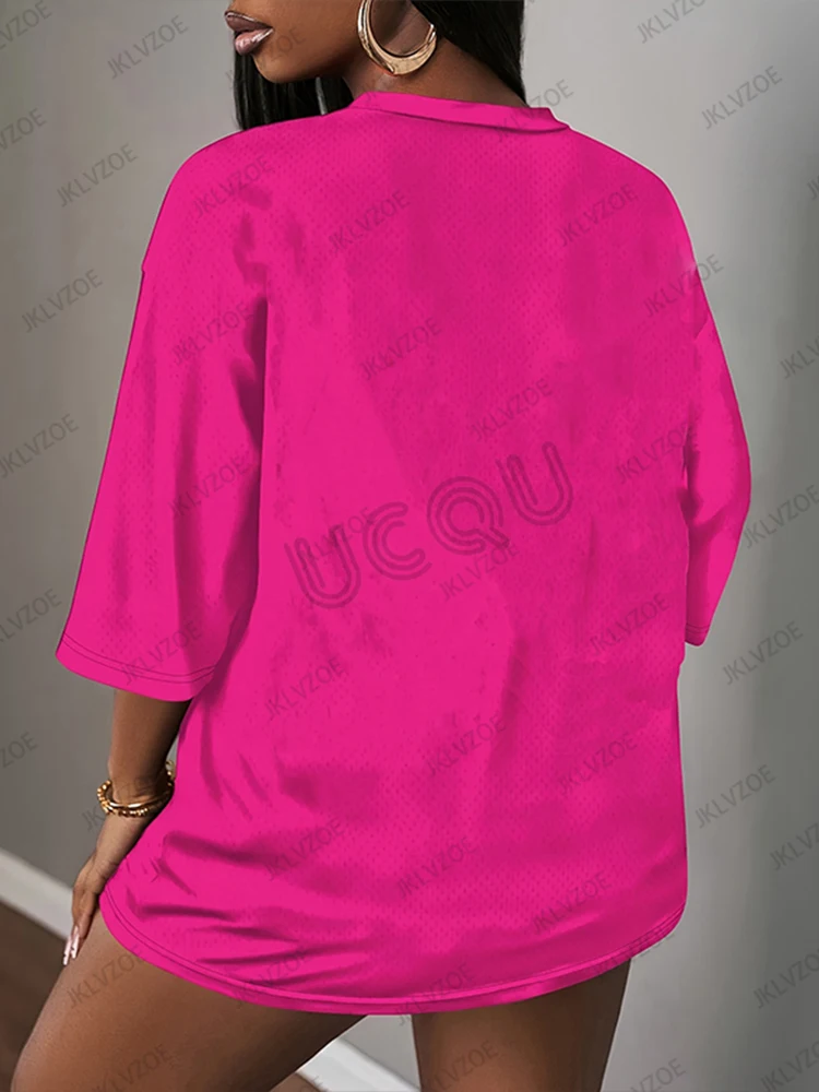Summer New Pink Free Spirit 98 Print T-Shirt For Women V-Neck Mesh Short Sleeve Sports Football Jersey Y2K Loose Oversized Tops