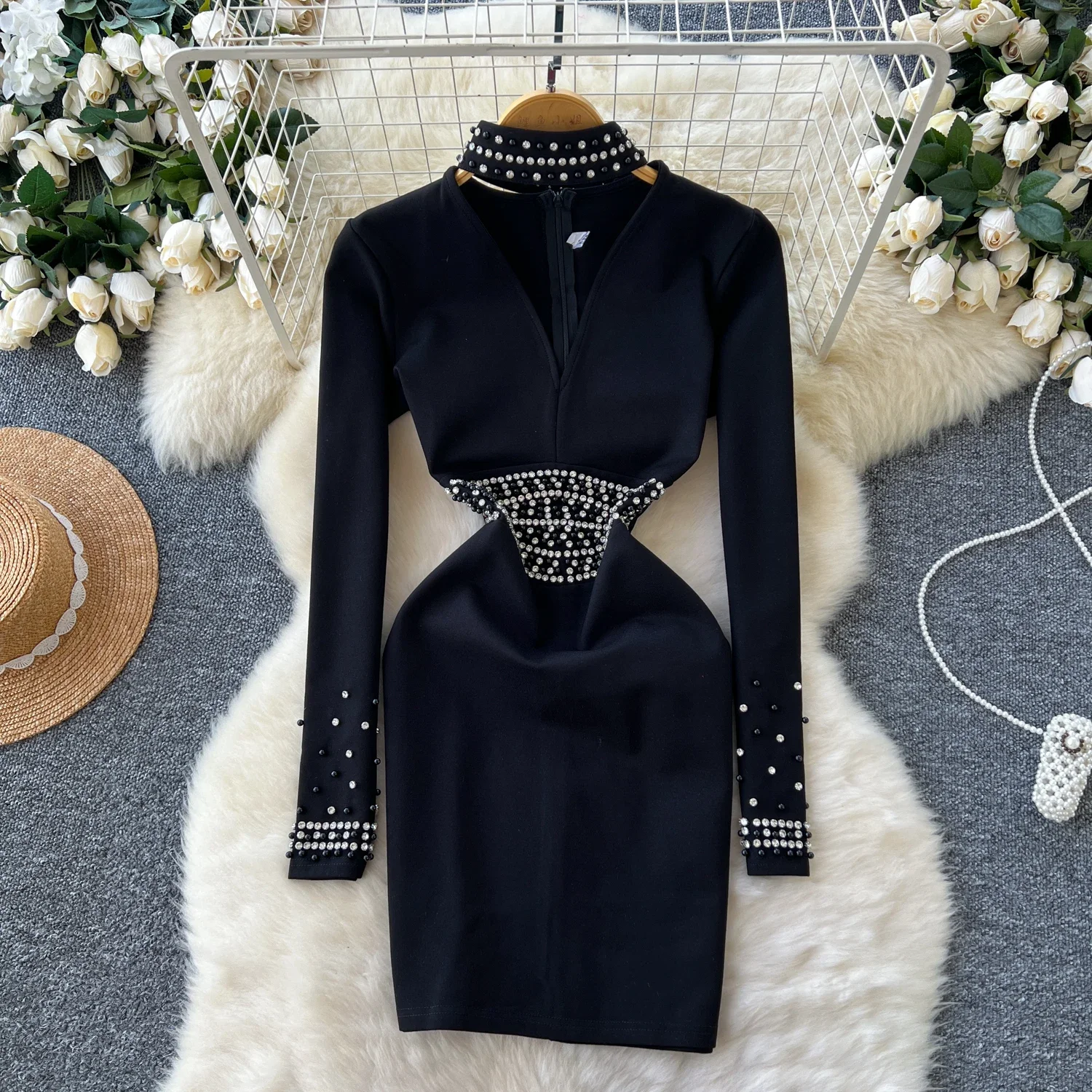 Vintage V-neck Chic Long Sleeve Rhinestone Dresses Women Korean Fashion Evening Party Slim High Street Autumn Winter Clothing