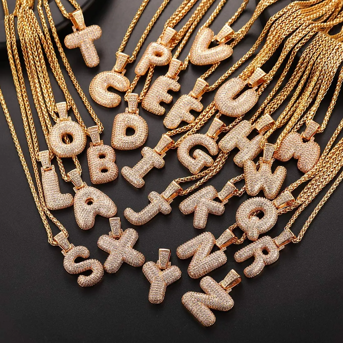 U7 Chunky Bubble Iced Out White CZ Capital Letters Necklaces for Man 14K Gold Color A-Z Charms Luxury Hip Hop Jewelry