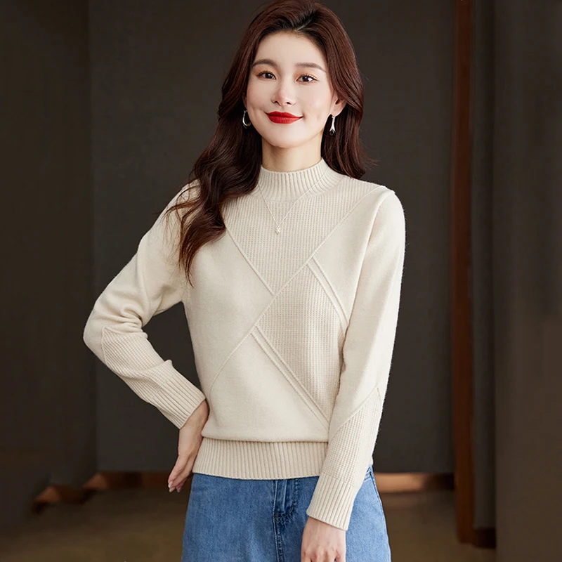 

New Women Autumn Winter Sweater Fashion Half High Collar Long Sleeve Loose Knitted Pullover Casual Short Knitting Sweater