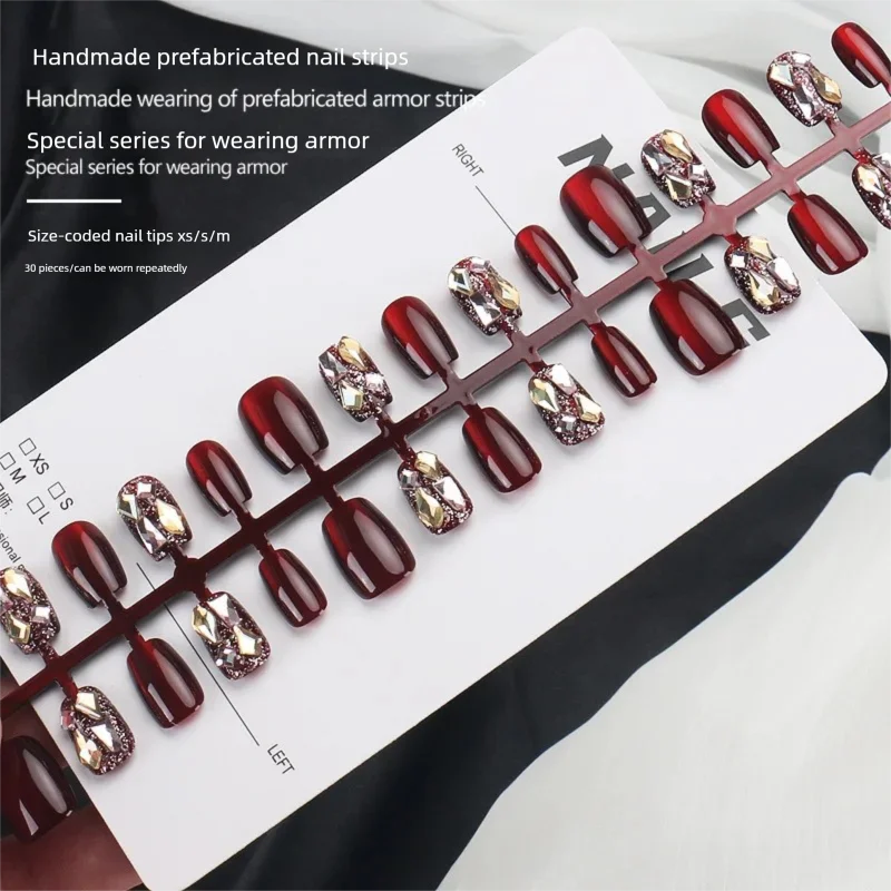 Luxury Wine Red Rhinestone Press-On Nails with High-End Feel, Short Nail Tips, Versatile and Whitening Nail Stickers