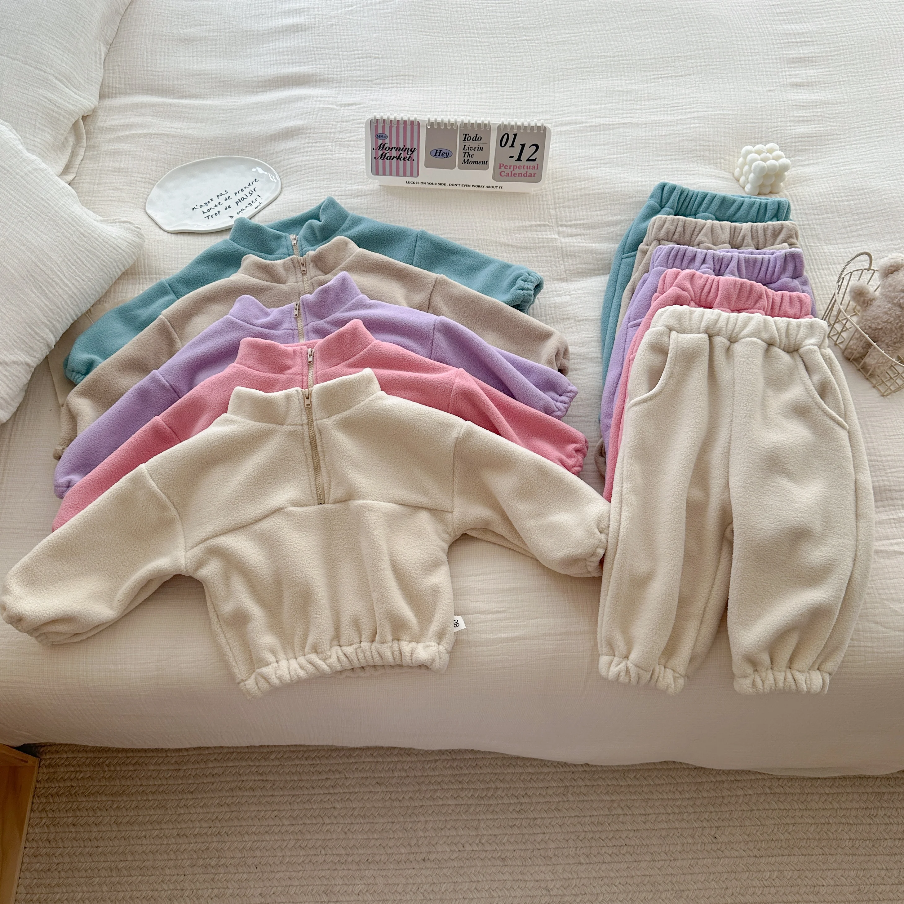 TZ2479 In-Stock Korean Style Baby Toddler Double-Faced Fleece Sports Suit Spring Autumn Outerwear Two-Piece Set for Infants