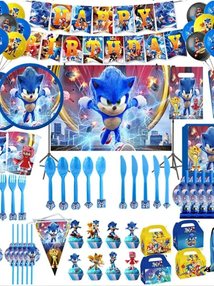 Sonics dos desenhos animados fontes de festa placas descartáveis toalha de mesa bolo topper banner