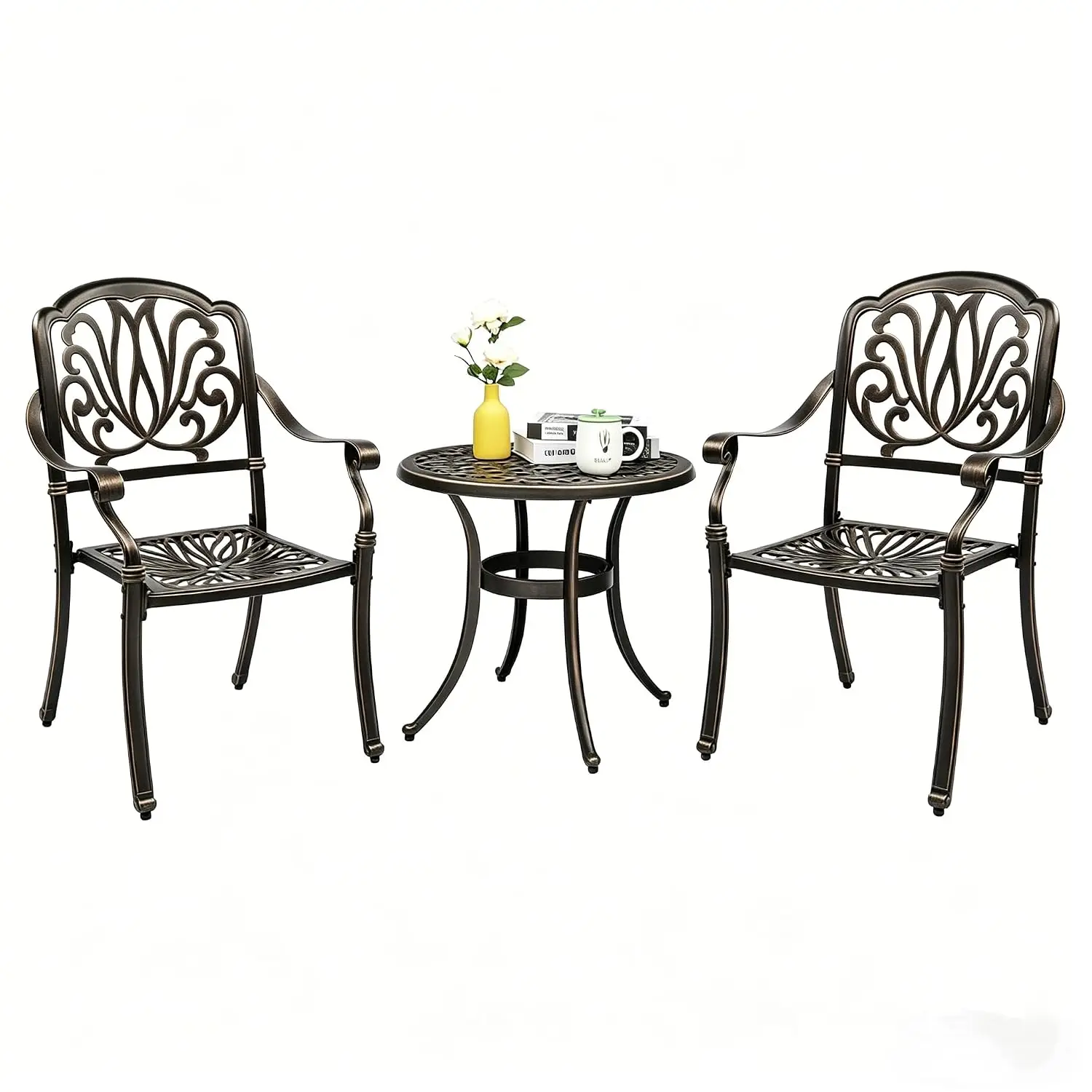 Cast Aluminum Bistro Table & 2 Stackable Chairs, All Weather Outdoor Furniture for Patio Balcony Garden, Small Round Table, Cust
