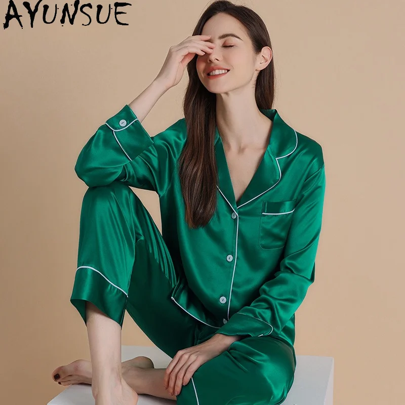 AYUNSUE 25Mm 100% Natural Mulberry Silk Sleepwear Women Spring Autumn Pajama Set Women's Home Clothes Fashion Shirt Pants 2026