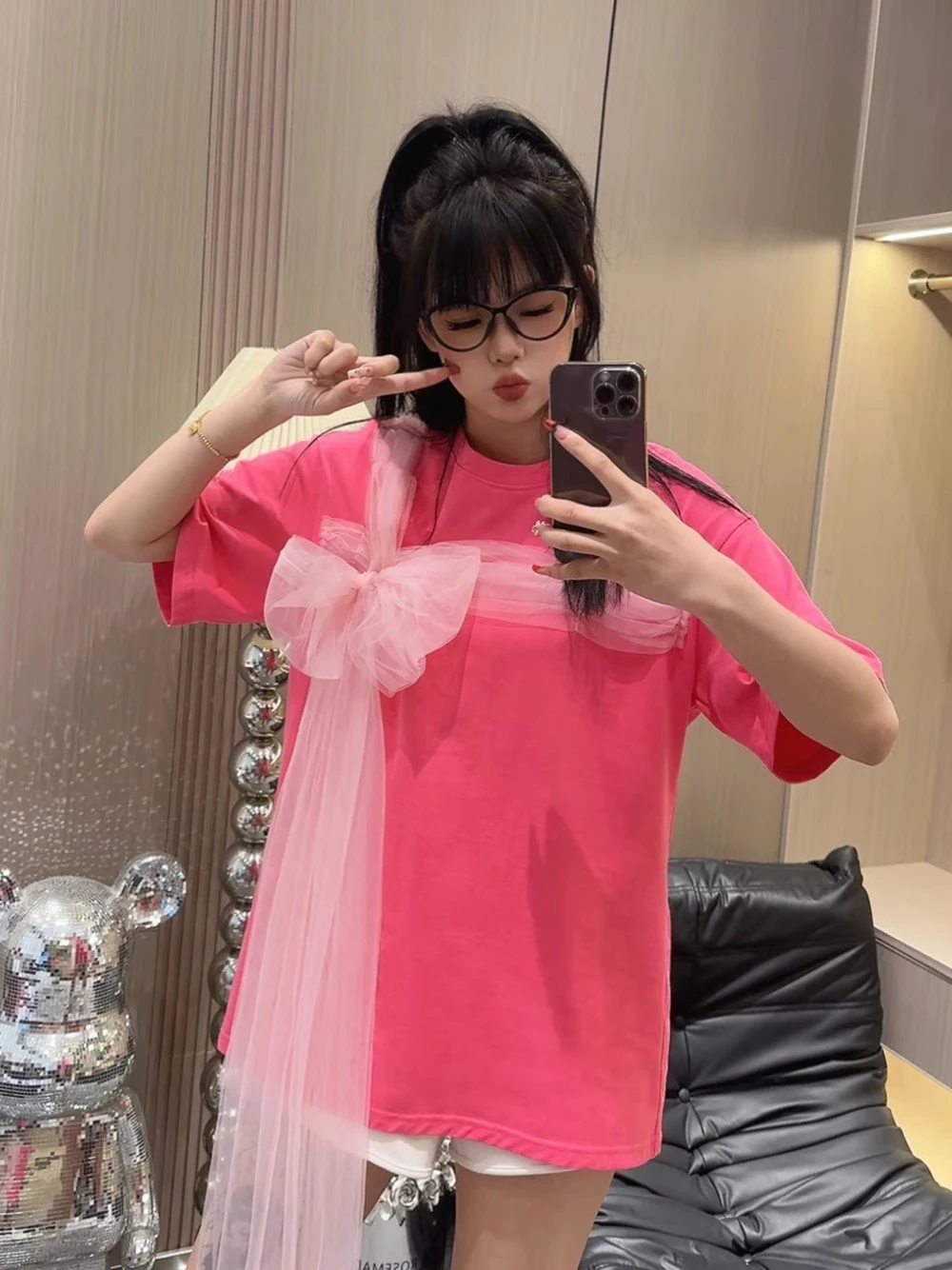 

Plus Size Tee Casual Spring Summer New 3D Mesh Bow Short Sleeved T-shirt Women Loose Top Red Rose