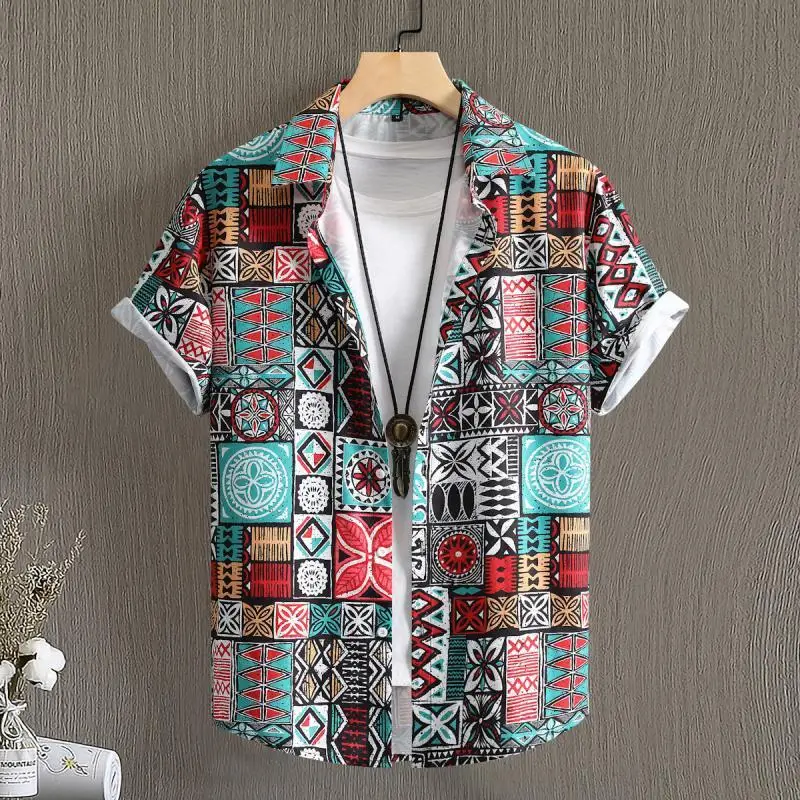 Summer Men's Social Casual Hawaiian Floral Short Sleeve Shirt Vintage Flower Pattern Beach Y2k Harajuku Fashion Luxury Clothing