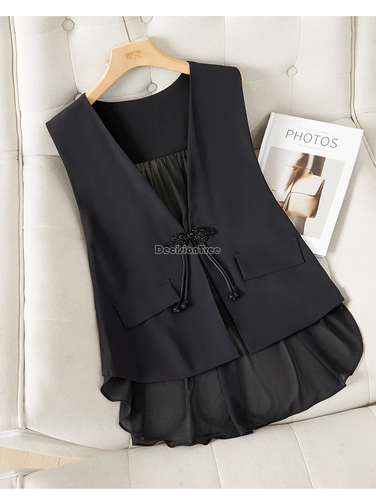 

Лето 2022, новый китайский улучшенный ретро-модный шифоновый жилет, женский Cheongsam с v-образным вырезом и пуговицами, свободный стильный женский жилет t1