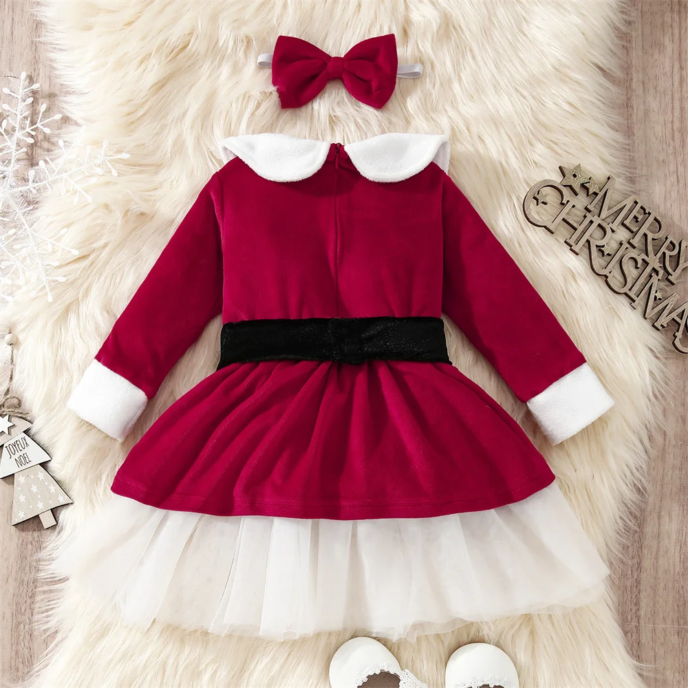 Toddler Baby Girl Christmas Red Dress Long Sleeve Tulle Stitching Tutu Party Dresses with Belt Infant Xmas New Year Costumes