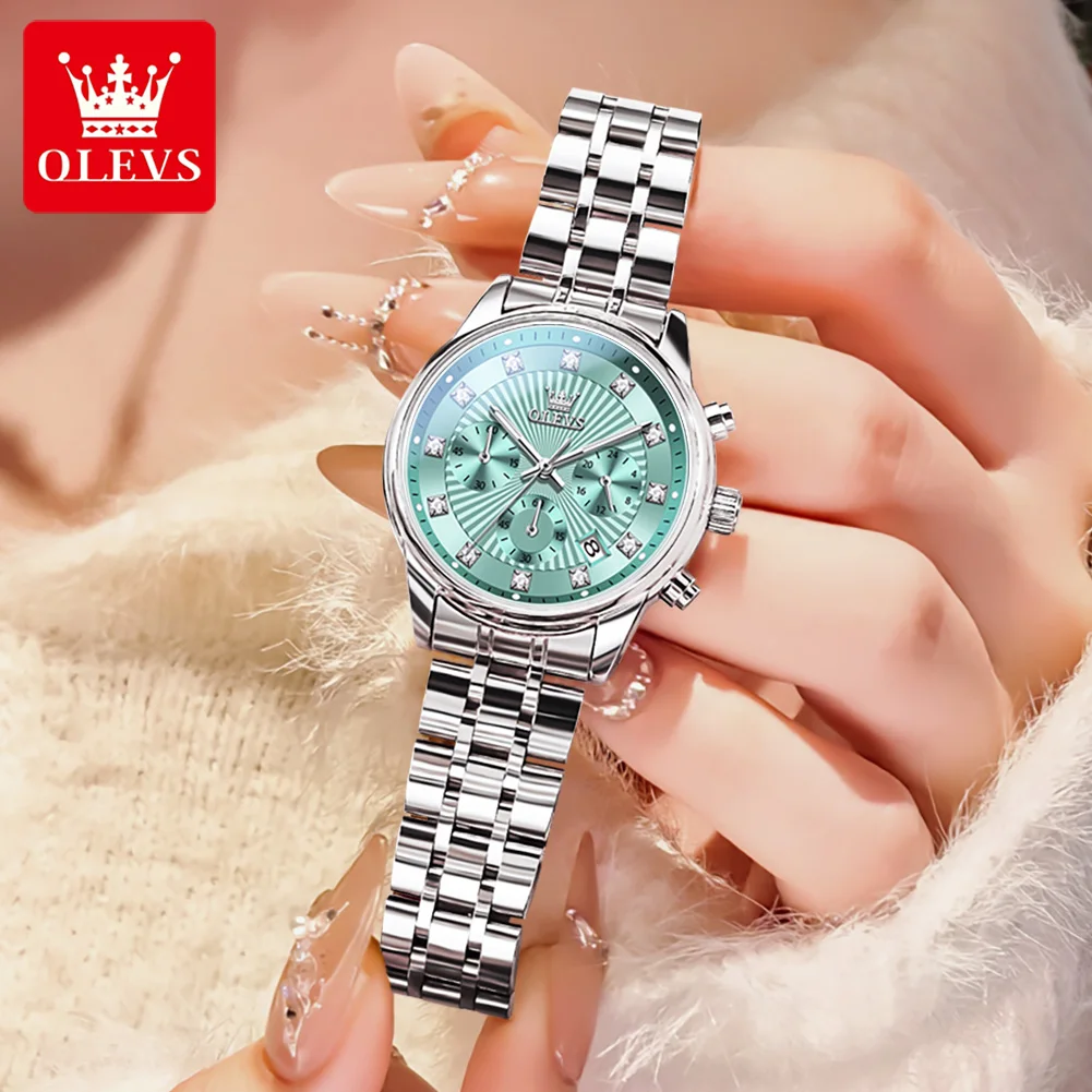 OLEVS Womens Watches Fashion Ladies Quartz Watch Calendar Green Dial Stainless Steel Luxury Women Watches reloj mujer