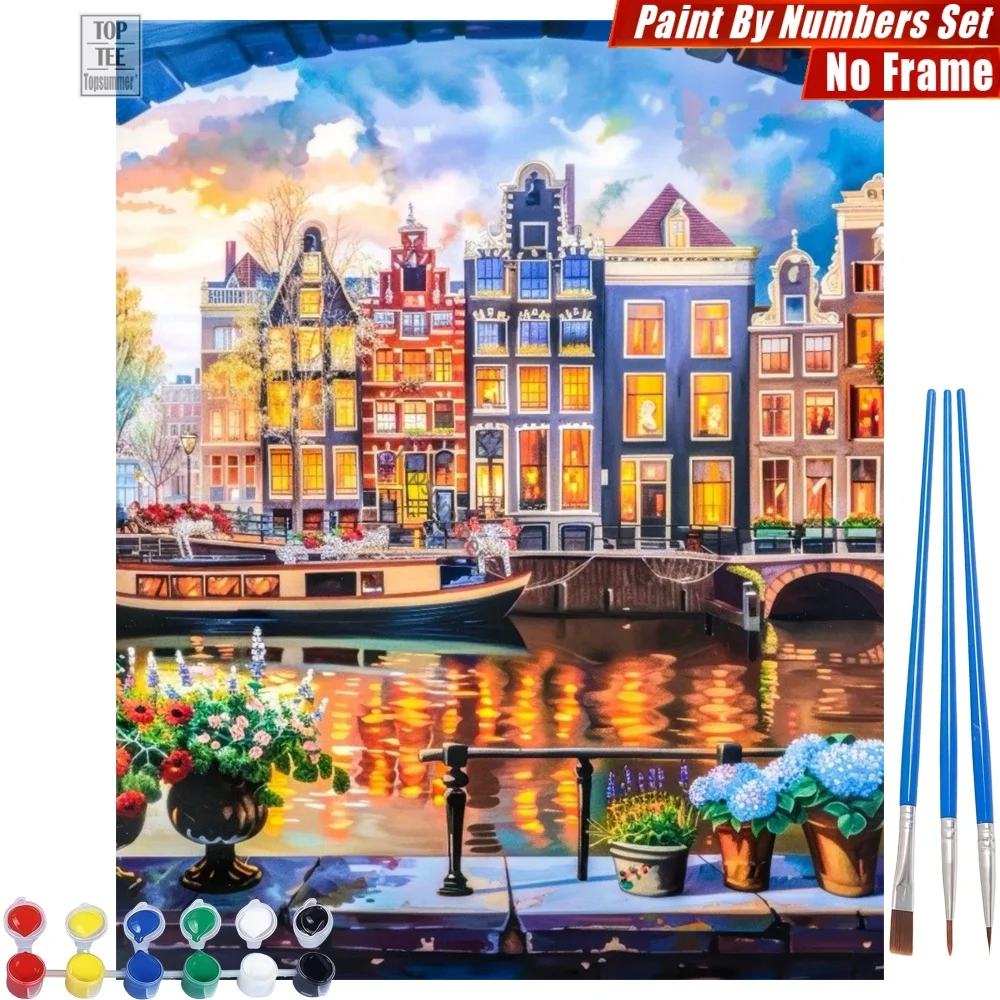 

Amsterdam canal night Paints By Number Set - Lit houses flowers Abstract Wall Art Thanksgiving Day Gift For Wife