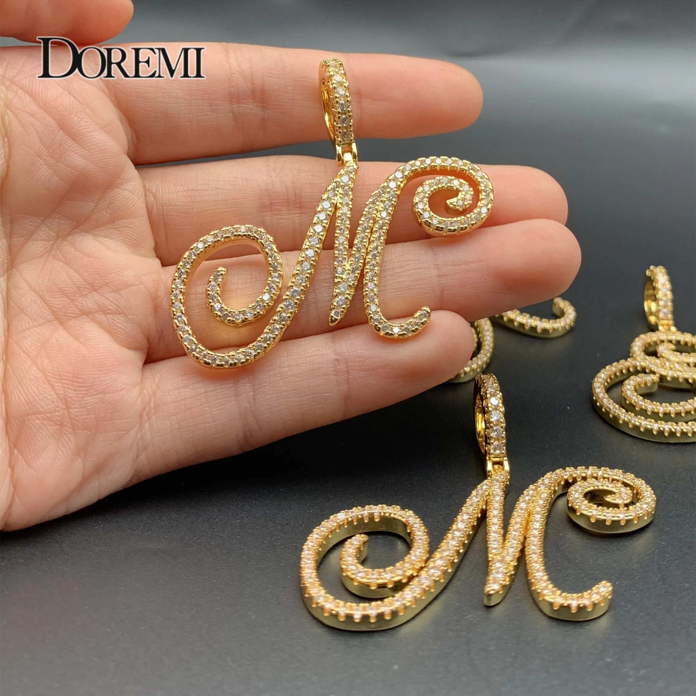 DOREMI New A-Z Cursive Letters Name Pendant &Necklace Iced Out Cubic Zircon Rope Chain Gold Silver Color Charm Hip Hop Jewelry