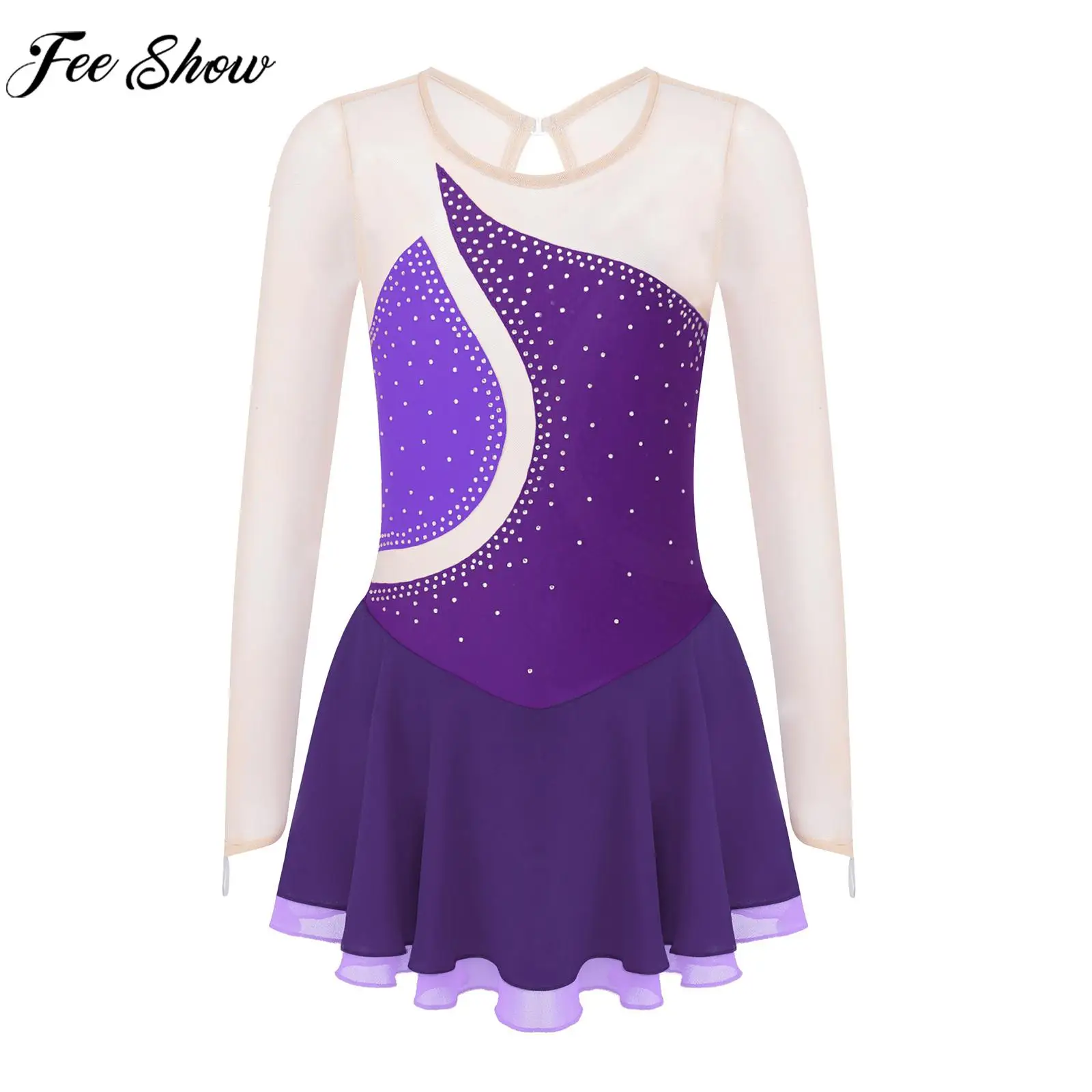 

Teens Girls Long Sleeve Shiny Rhinestone Figure Skating Dress Sheer Mesh Tutu Ballet Gymnastics Leotard Performance Dancewear