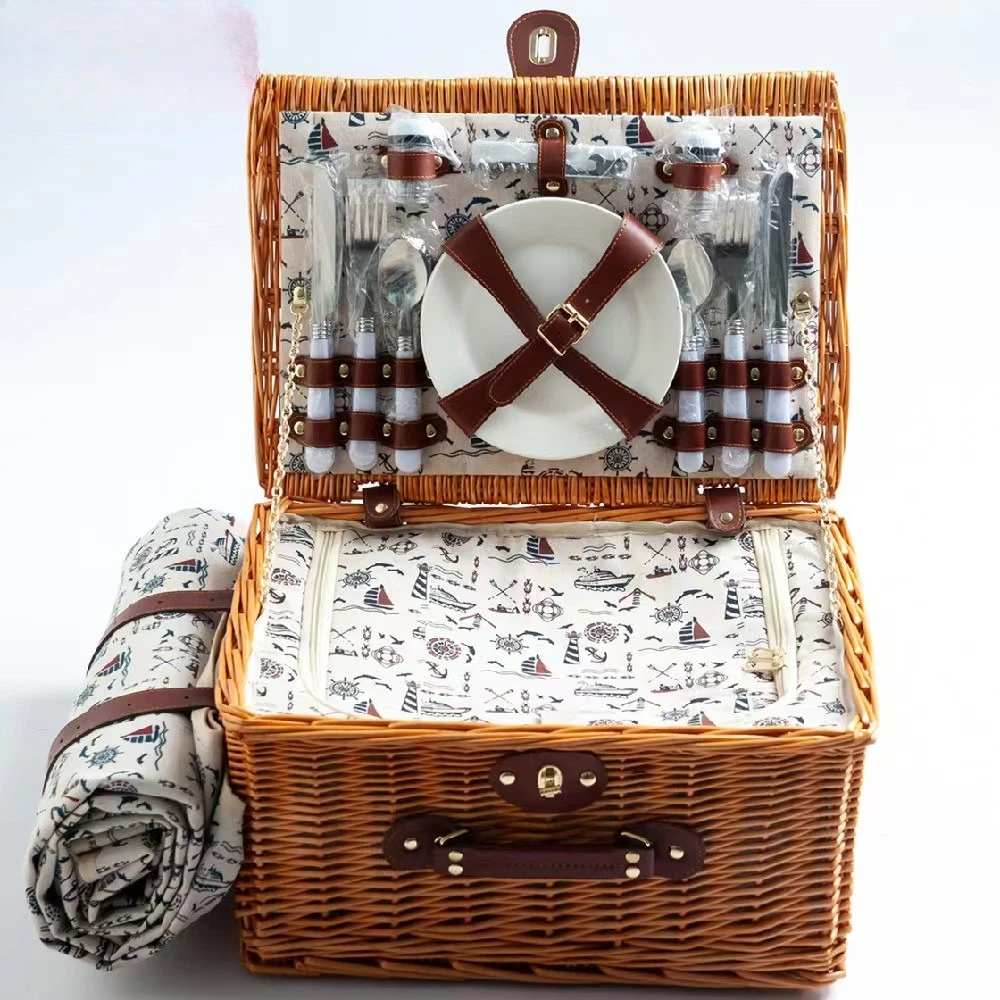 Wicker Picnic Basket for 4, Large Willow Picnic Hamper with Tableware & Portable Carry Handle for Camping, Outdoor & Travel