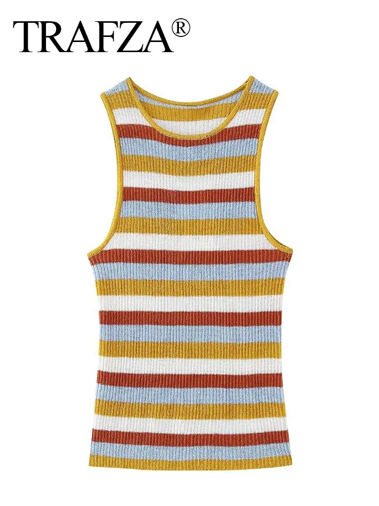 

TRAFZA Woman Elegant Slim Casual Elasticity Pullover Knitted Top Women Chic Color Matching Stripe O-Neck Sleeveless Vest Top