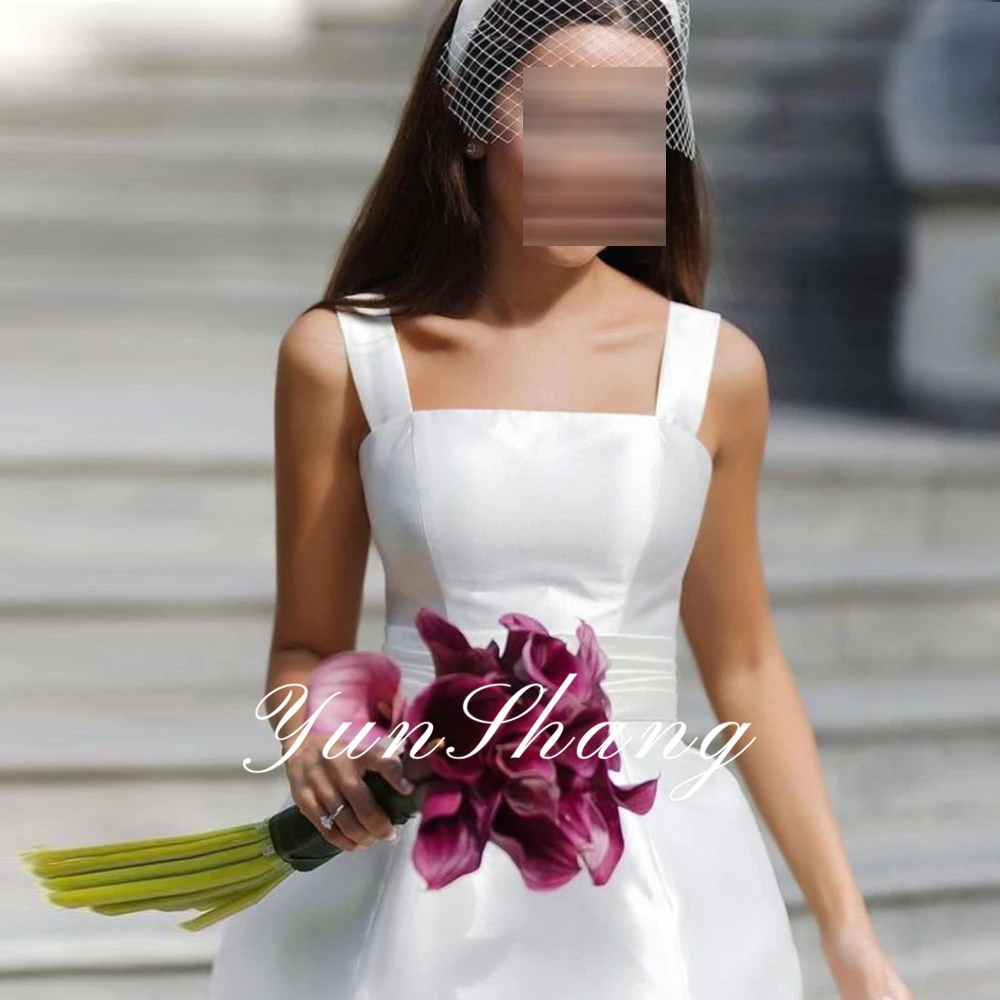 

YunShang Customized Elegant Spaghetti Straps Mini White Wedding Dress For Women 2023 With Bow A Line Simple Bridal Gown Robe