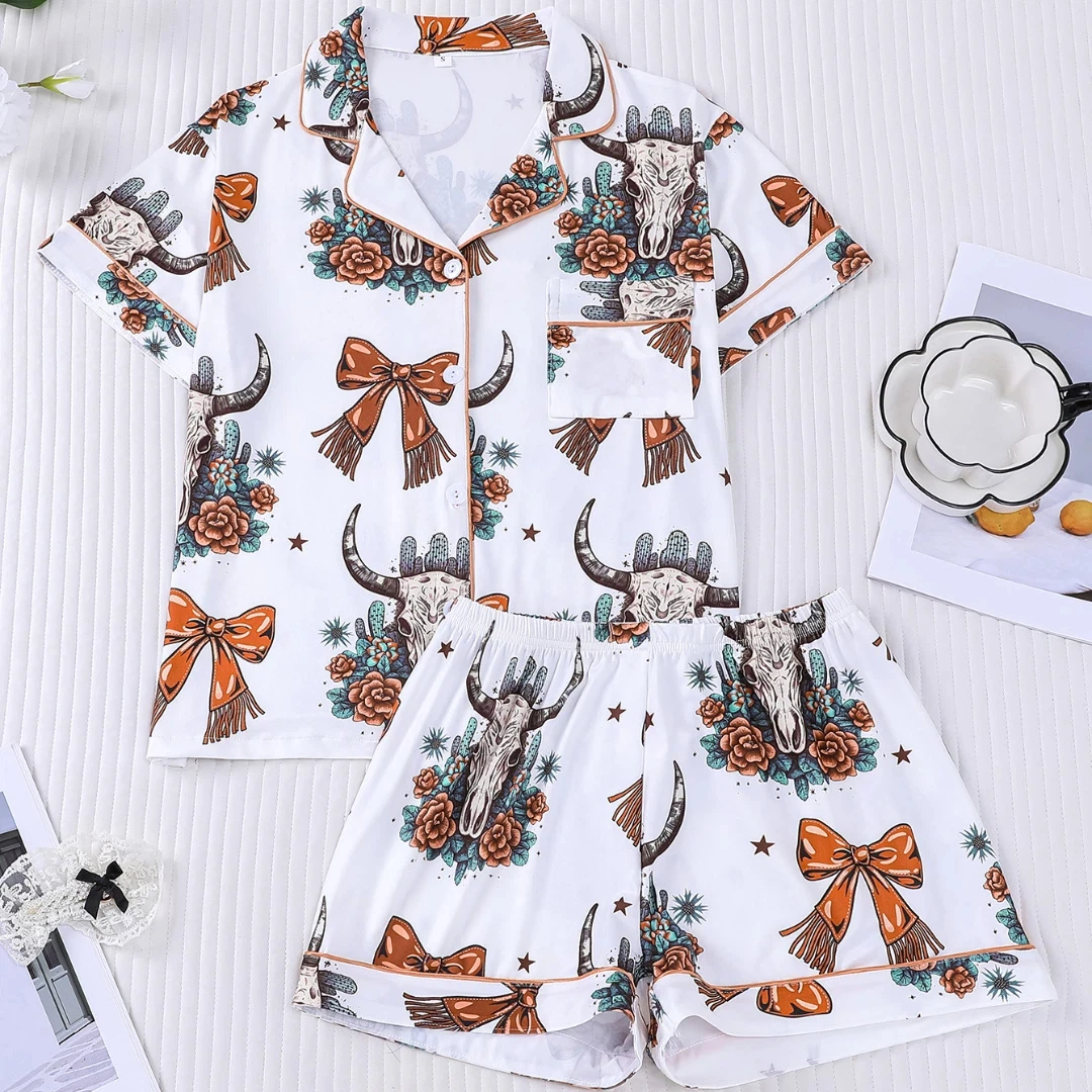 

White Women Pajama Set Animal Themed with Cow Skull & Bow Print Print Lapel Shortssleeved and Shorts Pants Home Wear Gifts