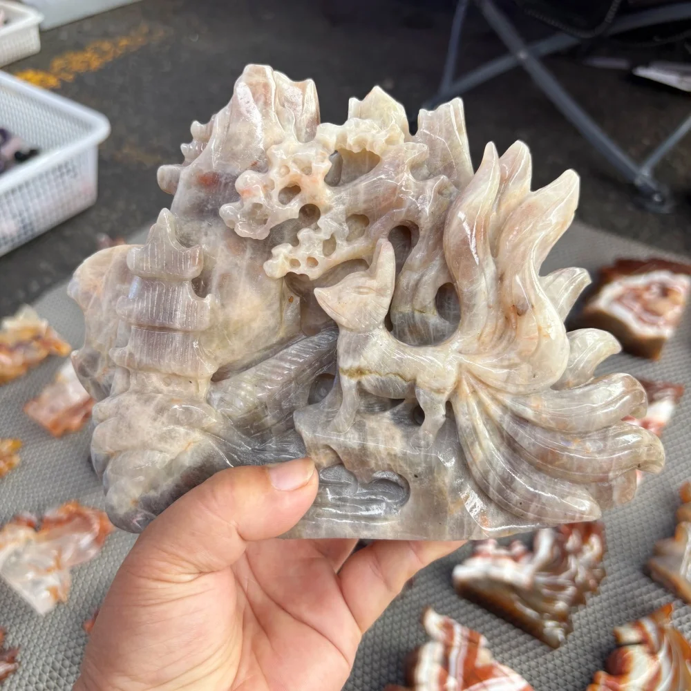 1.2kg Natural Crystal Raw Stone Moonstone Nine Tails Fox Mountain Pavilion Carving Reiki Healing Gothic Home Decor Gift