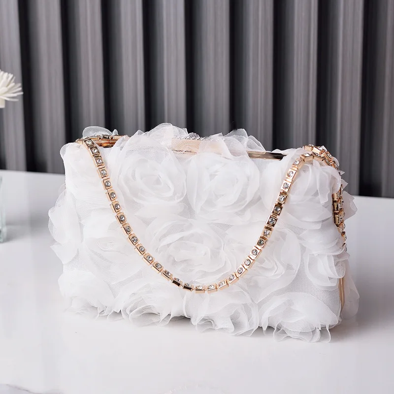 Bolso de mano de gasa con flores para mujer, bolsa de mano para vestido hecho a mano, decoración de diamantes, champán