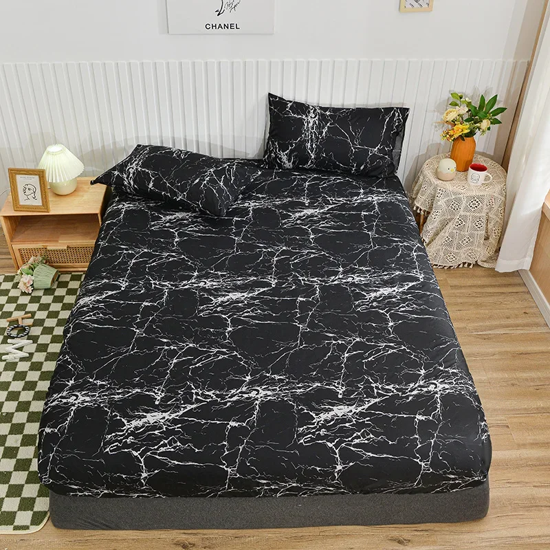 European Printed Sanded Fitted Sheet Set 3Pcs Simple Skin-Friendly Mattress Topper Pillowcase Queen Single Size Bedding for Home
