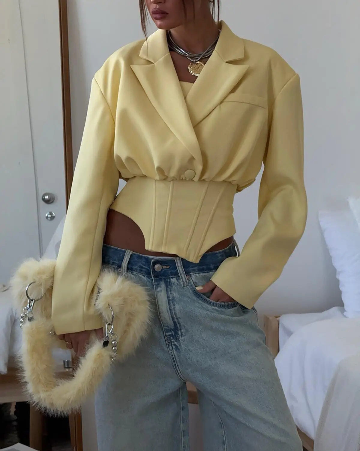 

Conciso Women Cropped Blazer Suits Fishbone Strapless Vest Lapel Collared Warp Slim Fitted Short Jacket Two Piece Sets