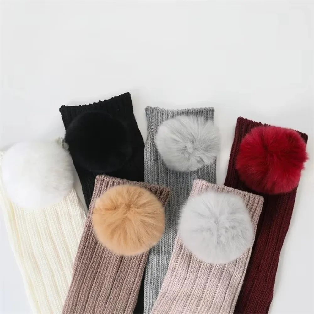 Cozy Thick Knee High Socks Solid Color Fuzzy Pom Pom Warm Winter Socks Decorative Knit Texture Stacking Socks Winter Season
