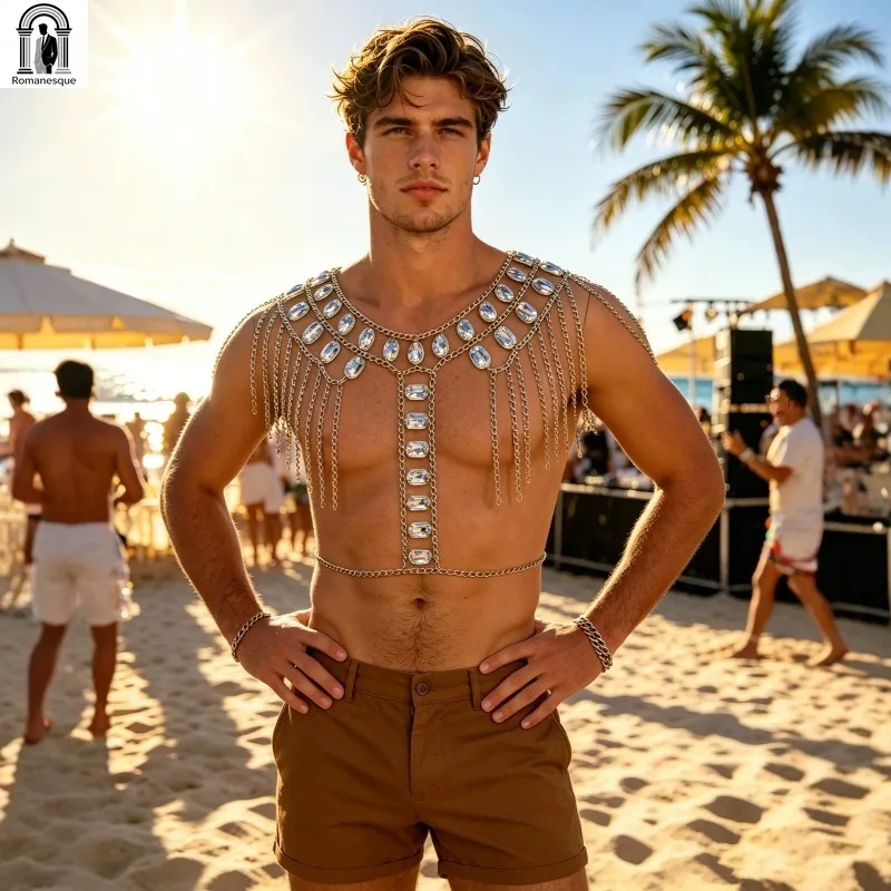 Men's Luxury Water Drop Rhinestone Tassel Body Chain Vest Men Summer Beach Festival Body Jewelry Male Shiny Crystal Fringed Vest