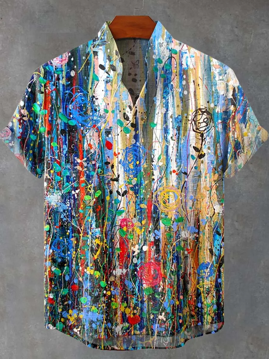 

Colorful splashed ink striped rose line printed casual and fashionable linen short sleeved button men's shirt hot selling item