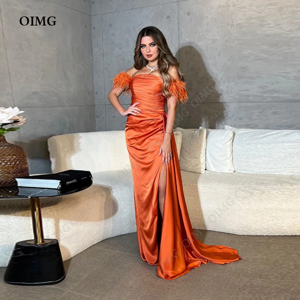 OIMG Orange Feather Long Custom Prom Dresses Satin Side Split Off Shoulder Evening Gowns Homecoming Dress Wedding Party vestidos