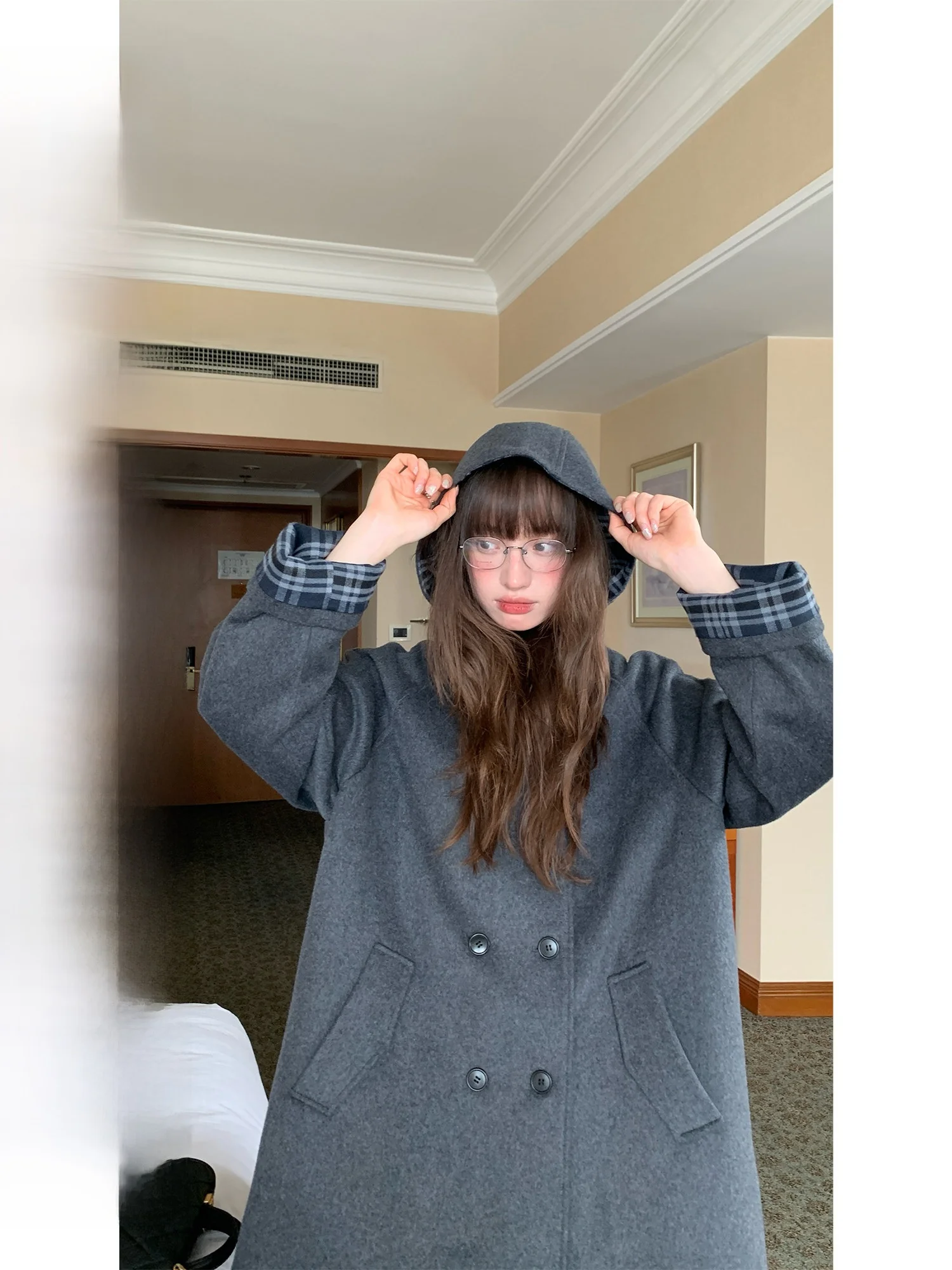 

Женское шерстяное пальто RAINY с капюшоном, воротником-стойкой, в стиле ретро, с двубортными пуговицами, в клетку, осенне-зимнее, модное, элегантное