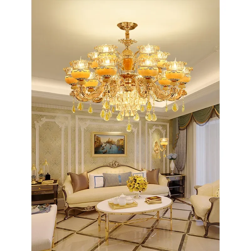 European Crystal Chandelier with Jade Accents Luxury Pendant Light for Living Room Bedroom Villa Hall Home Decor