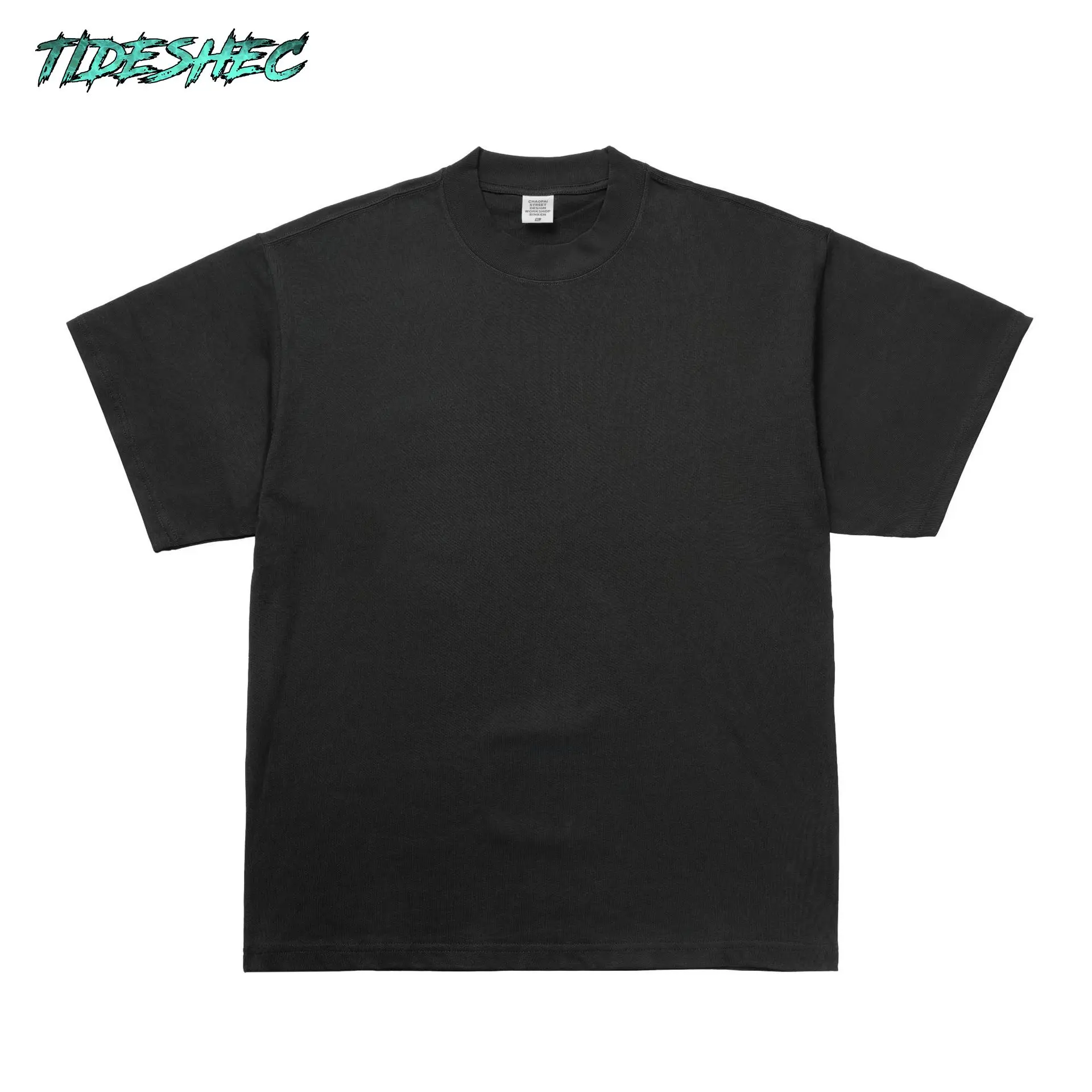 

TIDESHEC Tall Small Neckline T-shirt Hip Hop Streetwear 2024 Harajuku Clothing 230 Grams Loose Oversized Cotton T-shirt