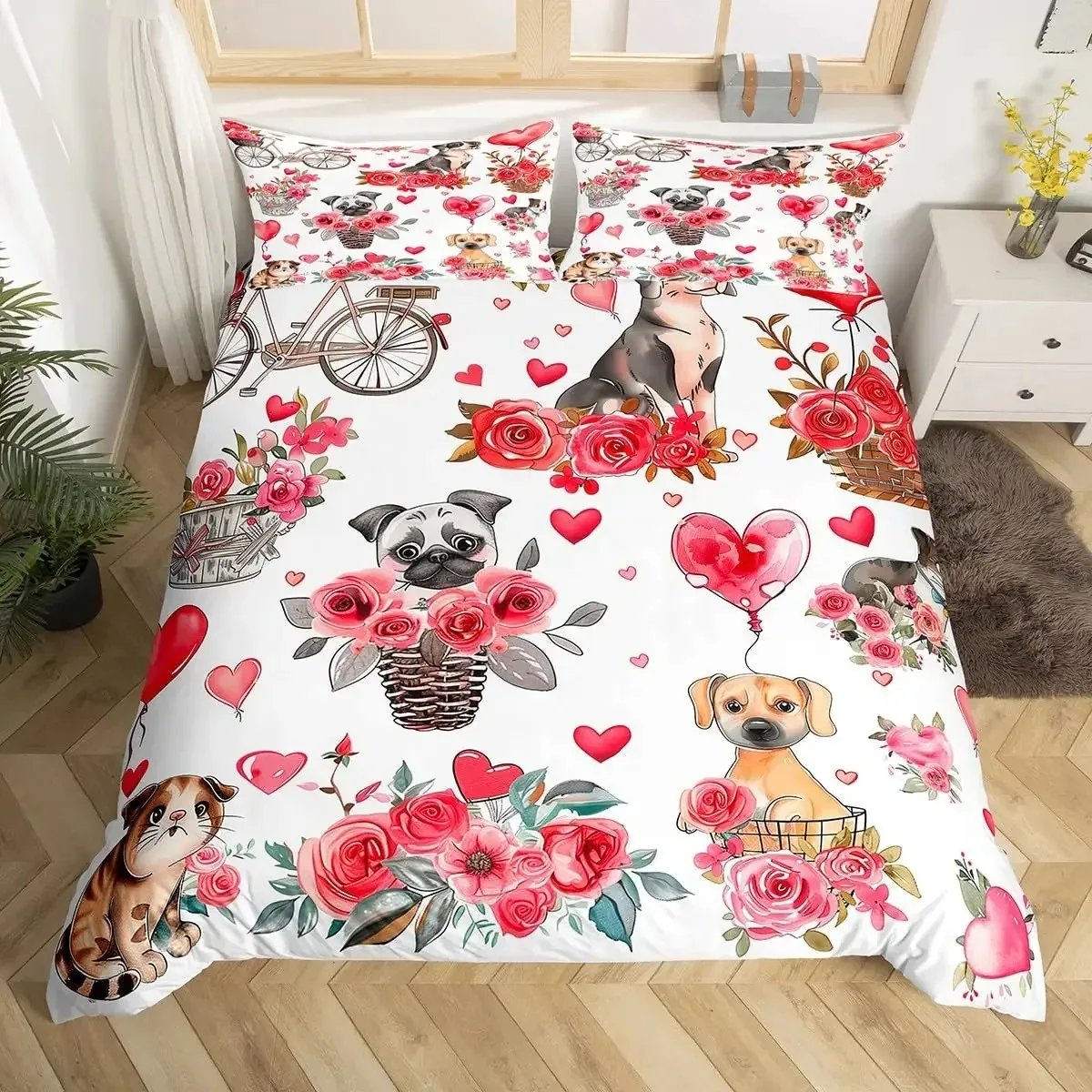 Valentine's Day Duvet Cover Twin Size,Cute Cat Dog Animals Rustic Bedding Set Roses Flowers Love Heart Romantic Comforter Cover