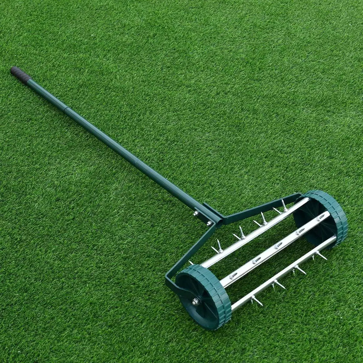 18-inch Steel Material Rolling Lawn Aerator Spike Soil Aeration Deep Watering for Lawns Garden Yard Rotary Push Tine