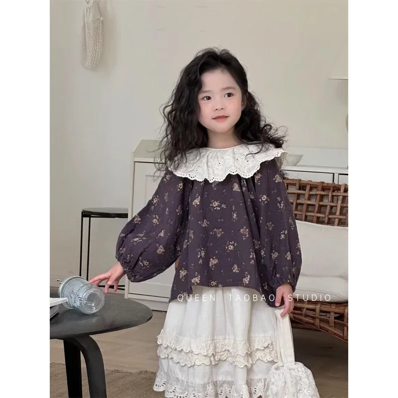 

Childrens Set Spring and Autumn New Korean Edition Fashion Casual Lotus Leaf Collar Top Half Skirt Stylish Daily Wear