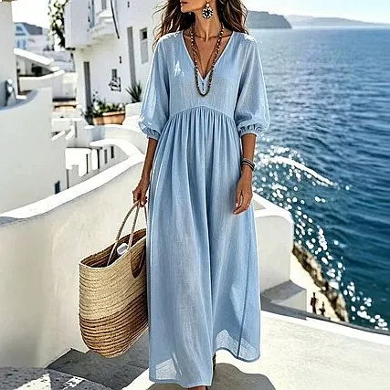 Solid Color V Neck Three Quarter Sleeve Linen Look Dress Summer Spring Maxi Dresses for Vacation