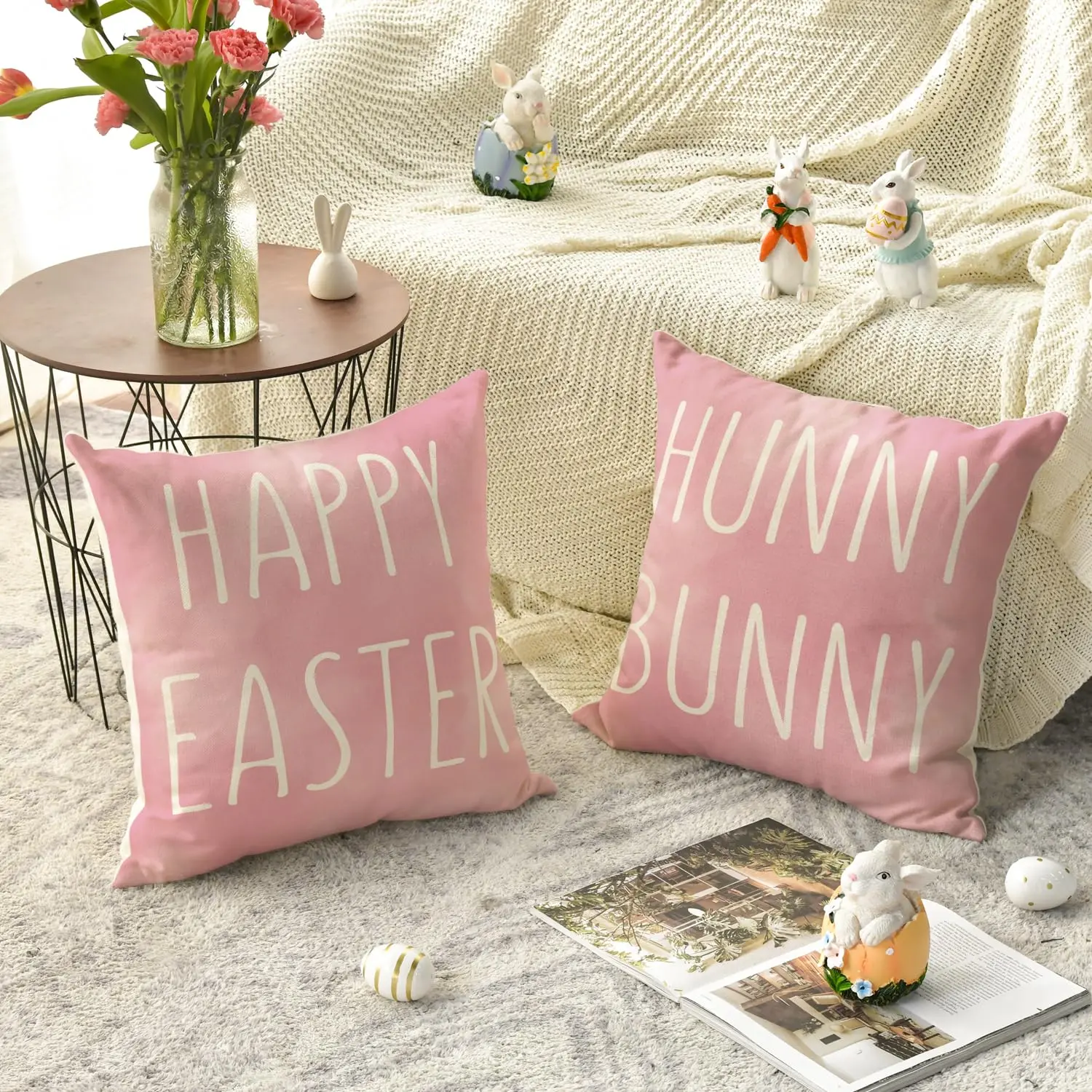 Happy Easter Hunny Bunny Pink Throw Pillow Covers, 18 x 18 Inch Easter Eggs Bunny Spring Cushion Case for Sofa Couch Set of 4