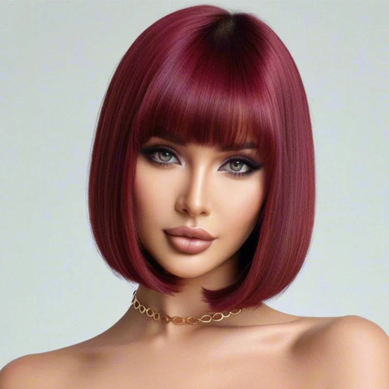 12 inch burgundy bob straight hair with bangs, synthetic high-temperature silk wig, heat-resistant heat-resistant, elegant styli image 4