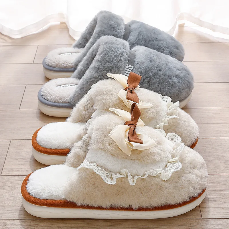 

Winter Soft Cotton Slippers Women men Home Warm New Cute Bow Plush Slippers Fluffy Soft Sole Slippers Ladies