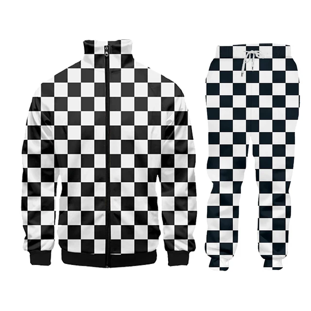 Black And White Plaid Checkerboard Casual Streetwear Sweatshirt Pants 3d Crewneck Hoodie Pullovers Men/Women Tracksuit Oversized