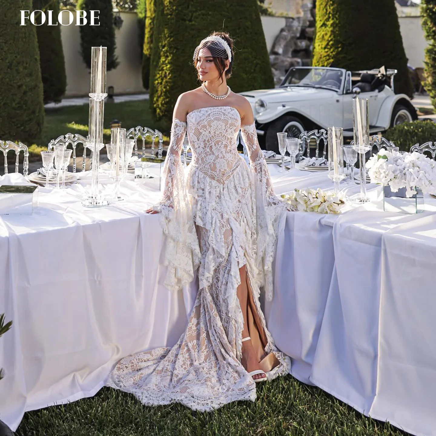 FOLOBE robe de mariée sans bretelles dentelle exquise sirène avec manches évasées balayage Train robe de mariée vestidos de noche personnalisé