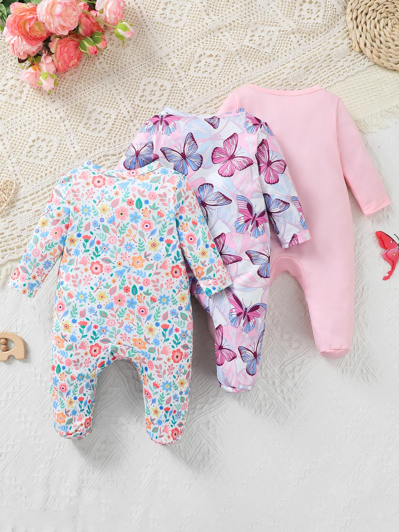 3pcs Floral And Butterfly Print Long Sleeve round Neck Bib Overalls for Baby Girls Spring Autumn Comfortable Casual Cute Outfit