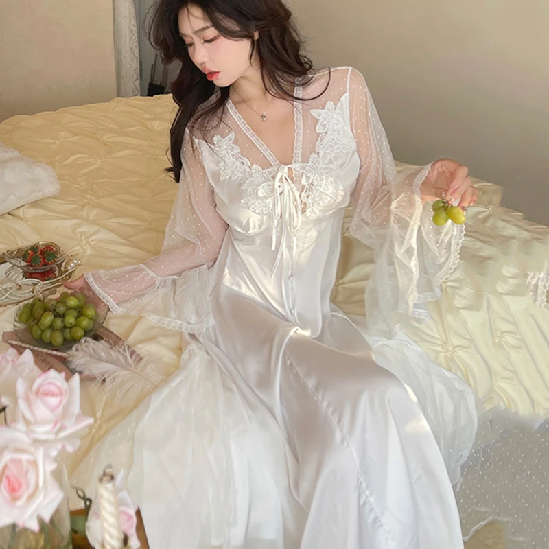 Sexy Perspective Lace Long Nightgown Wedding Morning Robe Palace Style Nightdress Sleepwear Women Loose Satin Home Dressing Gown