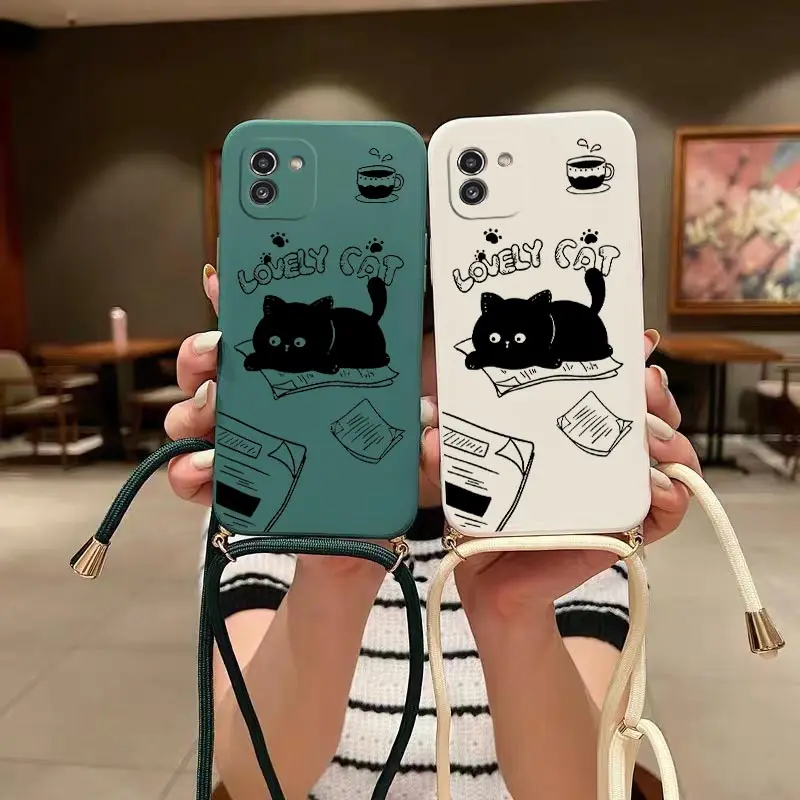 Naughty Cat Crossbody Lanyard Silicone Phone Case For Samsung A03 A04 A04E A04S A03S A02S A32 A21S A22 A23 A34 A24 A31 A33 Cover