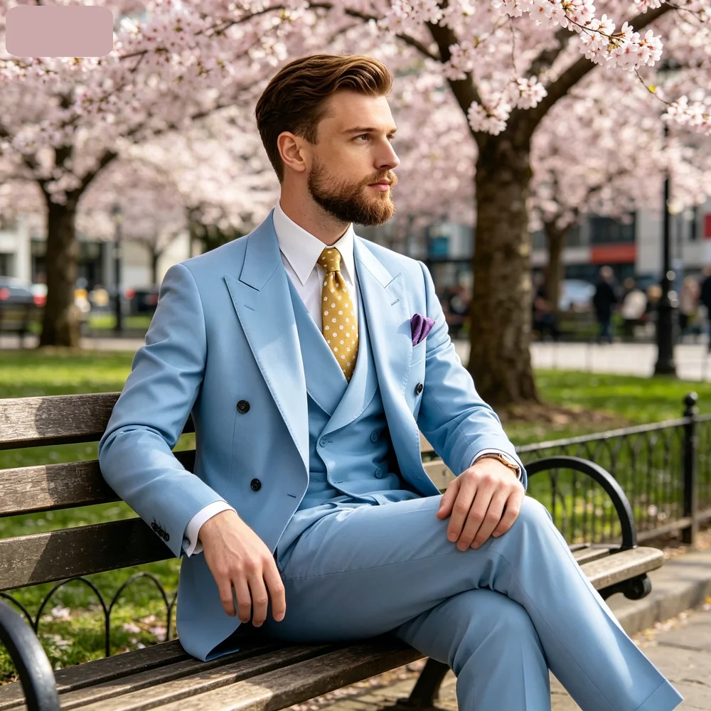 

Мужской костюм-тройка Slim Fit: розовый/синий смокинг для жениха, деловой пиджак, жилет и брюки для мужчин