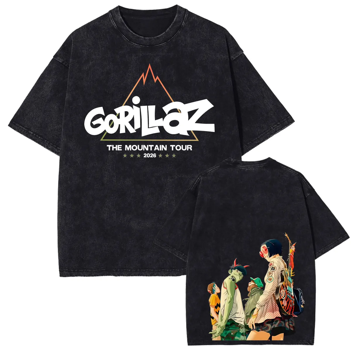 Vintage Washed Rock Band Gorillaz The Mountain 2026 Tour T Shirt Men's Clothing Harajuku Hip Hop T-shirts Oversized Loose Tshirt