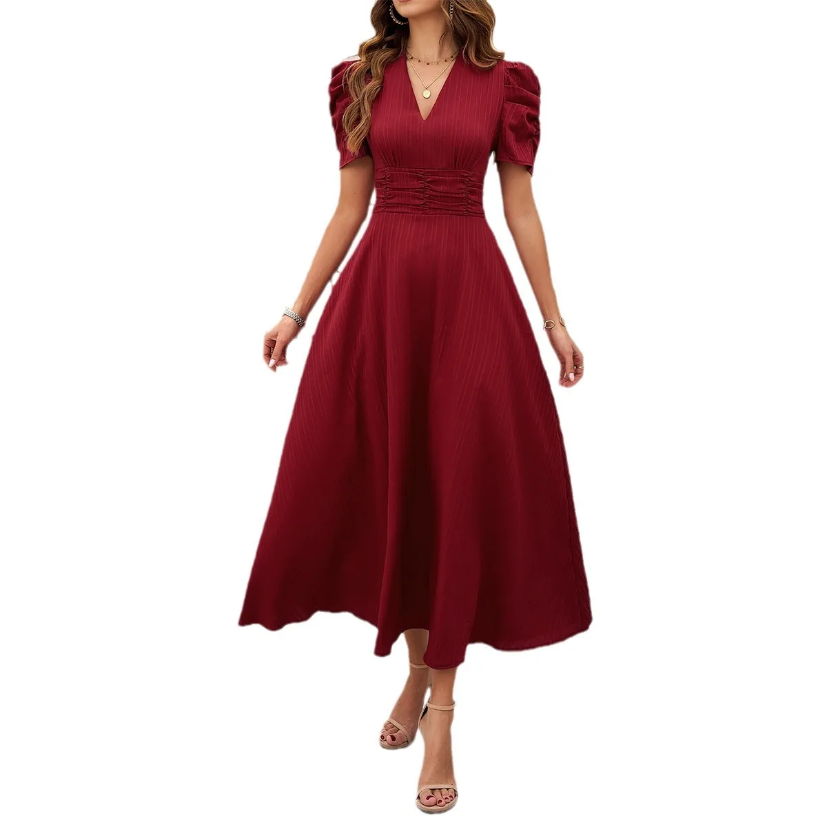 Elegant Solid Color Waist Dress for Women V-neck Short-sleeved Princess Dress Elegant Commuter Women's Dress for Summer