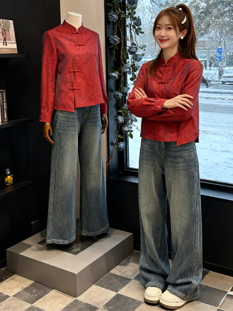 

New Chinese Sle Embroidered Button irt And Pants Set Women Winter New Faion Fce Lined Denim Jeans Casual Outfit