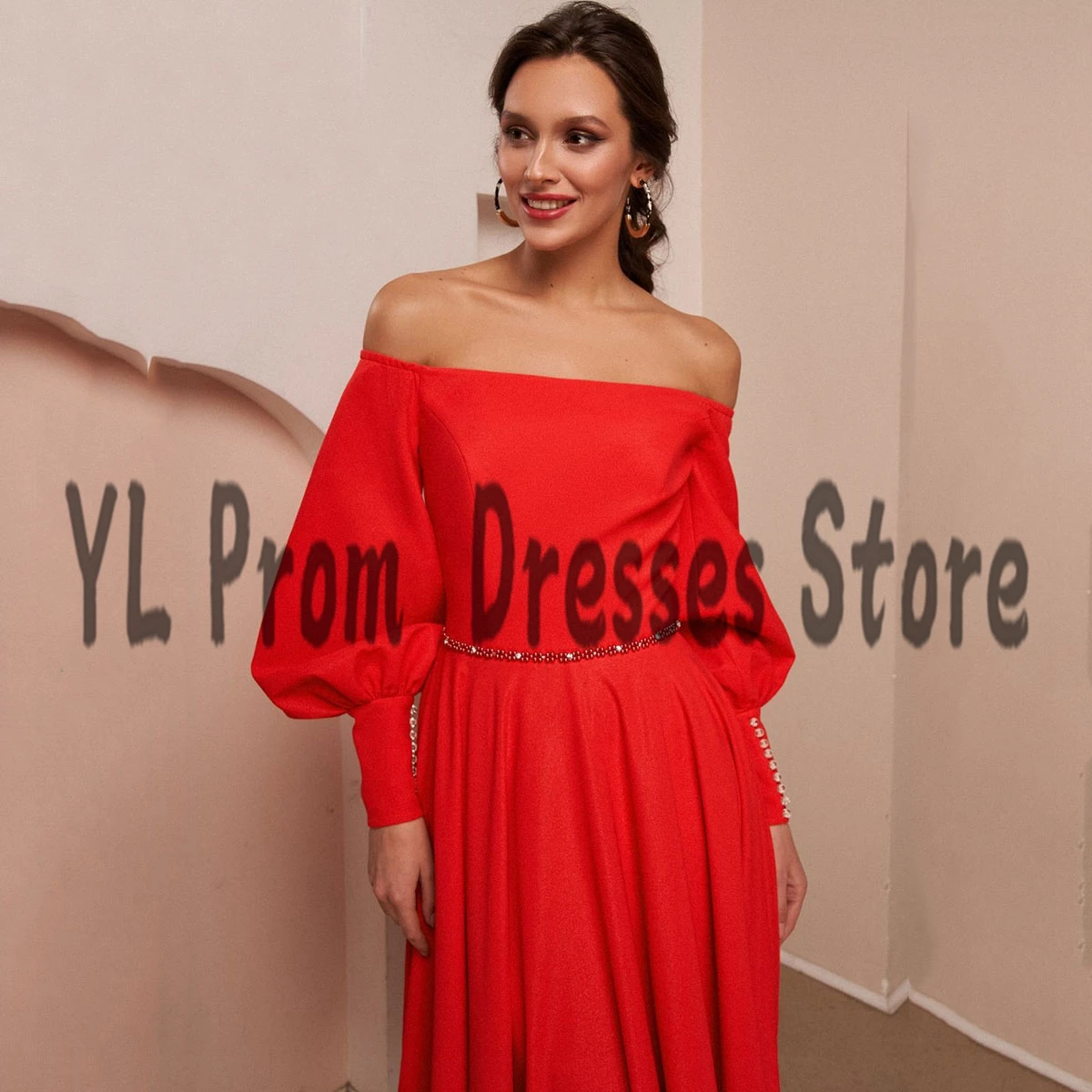 YL abiti da laurea in Chiffon formale a-line pieghettati con spalle scoperte abito da ballo lunghezza del tè perline telai robes de soirée